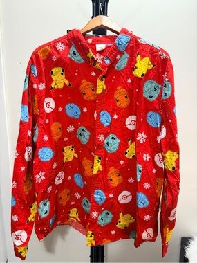 Pokemon Red Holiday Button-Up Long Sleeve Polo Shirt Size XL